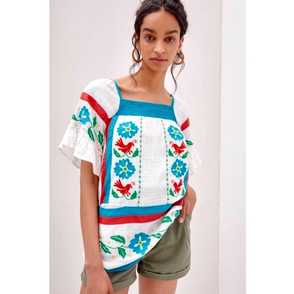 NEW ANTHROPOLOGY NEW Cotton Blouse Seen Worn Kept Embroidered Tunic Bohemian - Picture 1 of 13